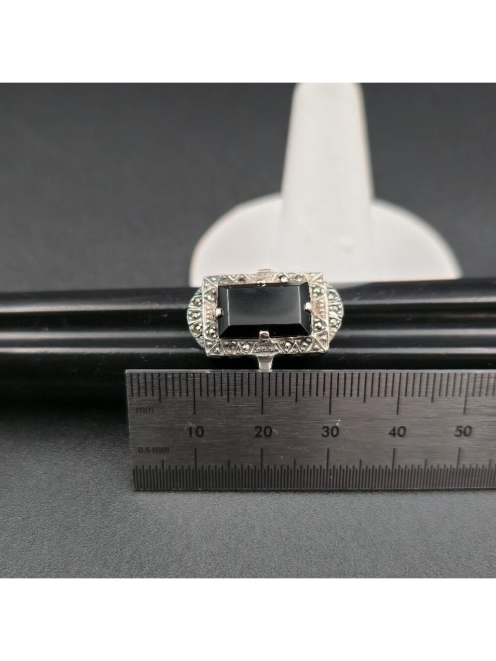 Size 7.5 Sterling Silver Art Deco Sterling Silver Black Onyx Filigree Ring A7488 - Picture 8 of 9